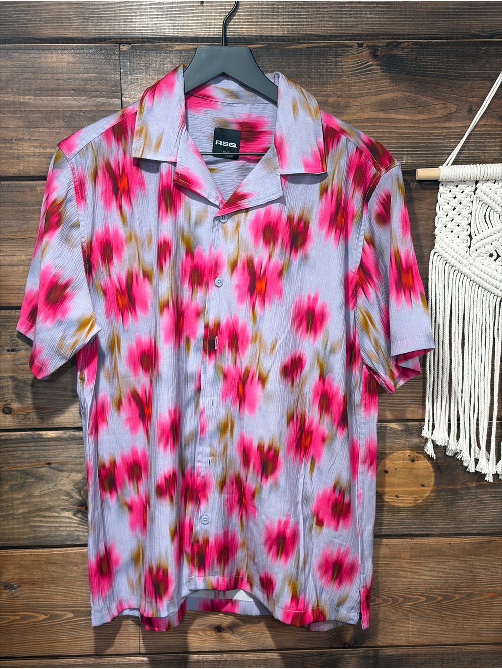 RSQ Lilac Short-Sleeve Button-Up Shirt with Pink Floral Print